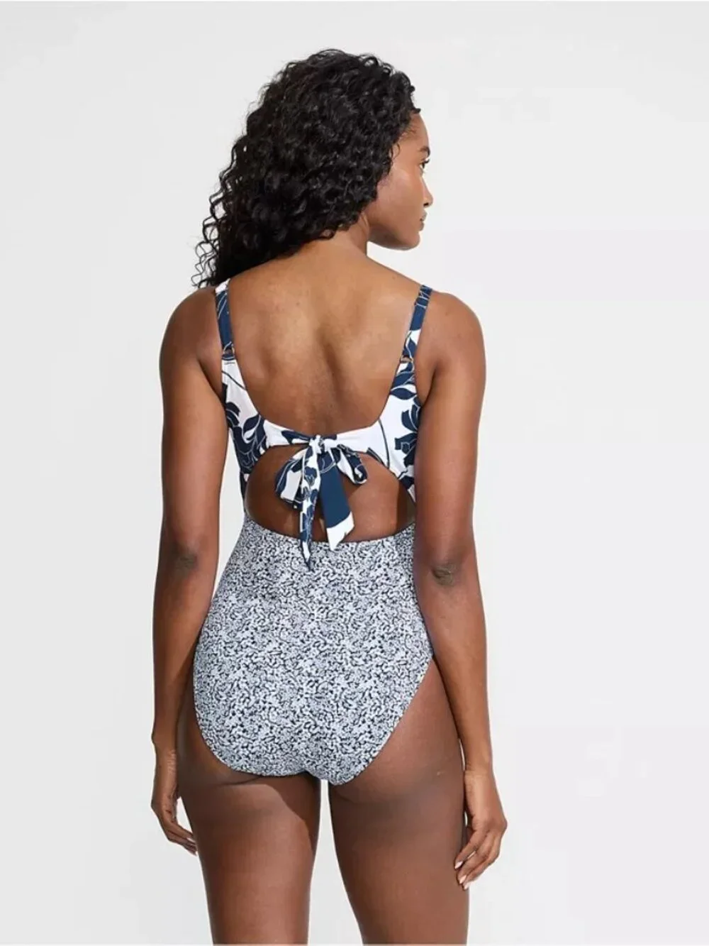 Lands End Wrap Monokini High Leg One Piece Swimsuit NWT Deep Sea Navy Lillies 6P